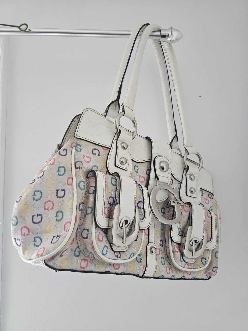 GUESS White Multicolor G-Print Satchel with Silver G Accent - Picture 4 of 8